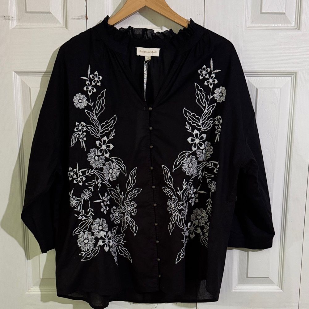 NWT Jennifer & Grace Floral Embroidered Top Cotton 3/4 Sleeve Size 2X Country